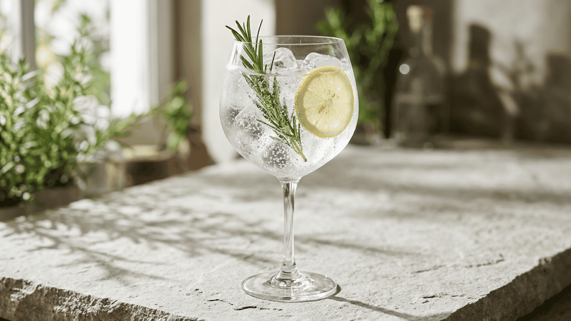 Rosemary gin and tonic with lemon and ice in a balloon glass