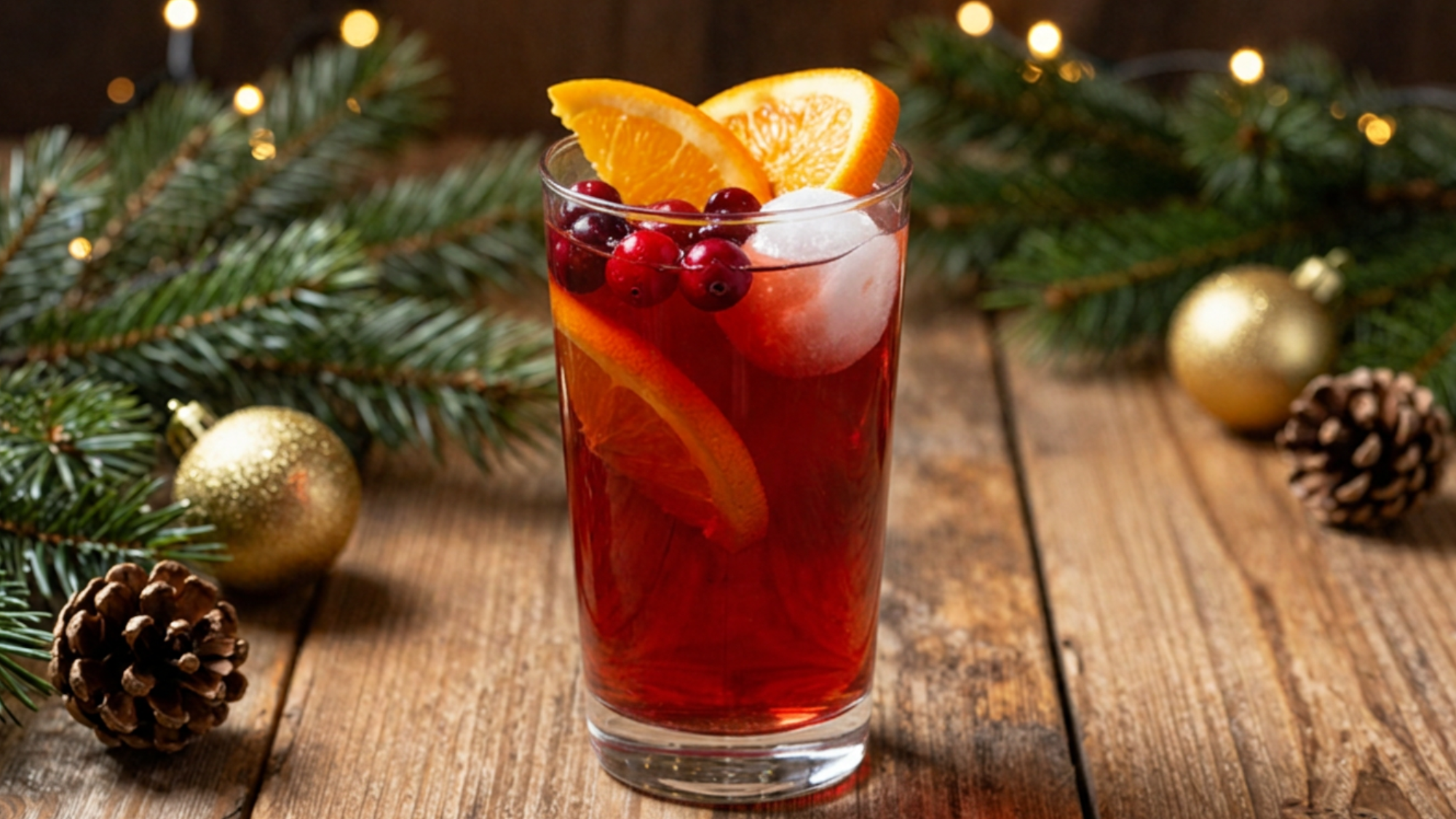 Overhead view of festive red punch with sherbet, oranges, and cranberries on a holiday table.