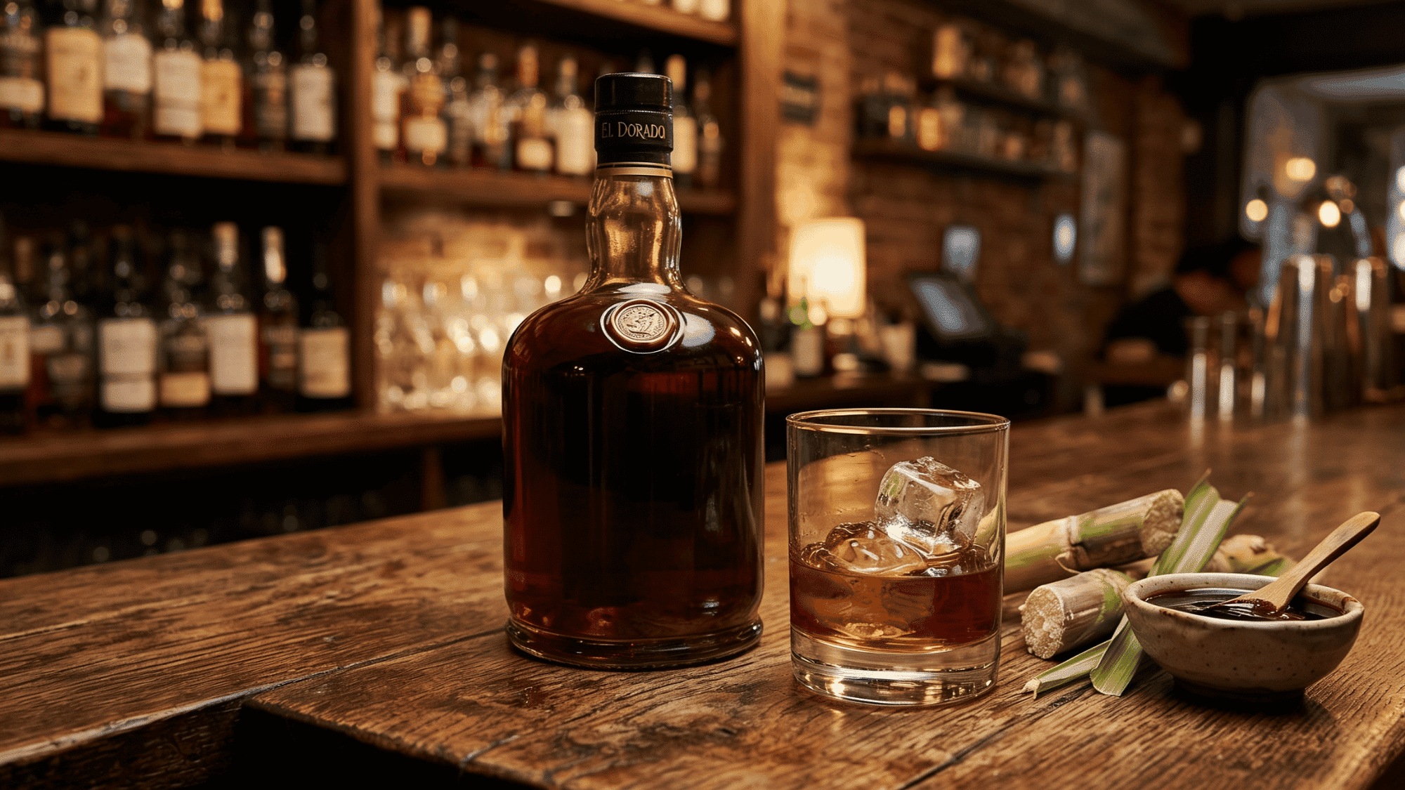 Rum bottle with ice glass, sugarcane, and molasses on a bar