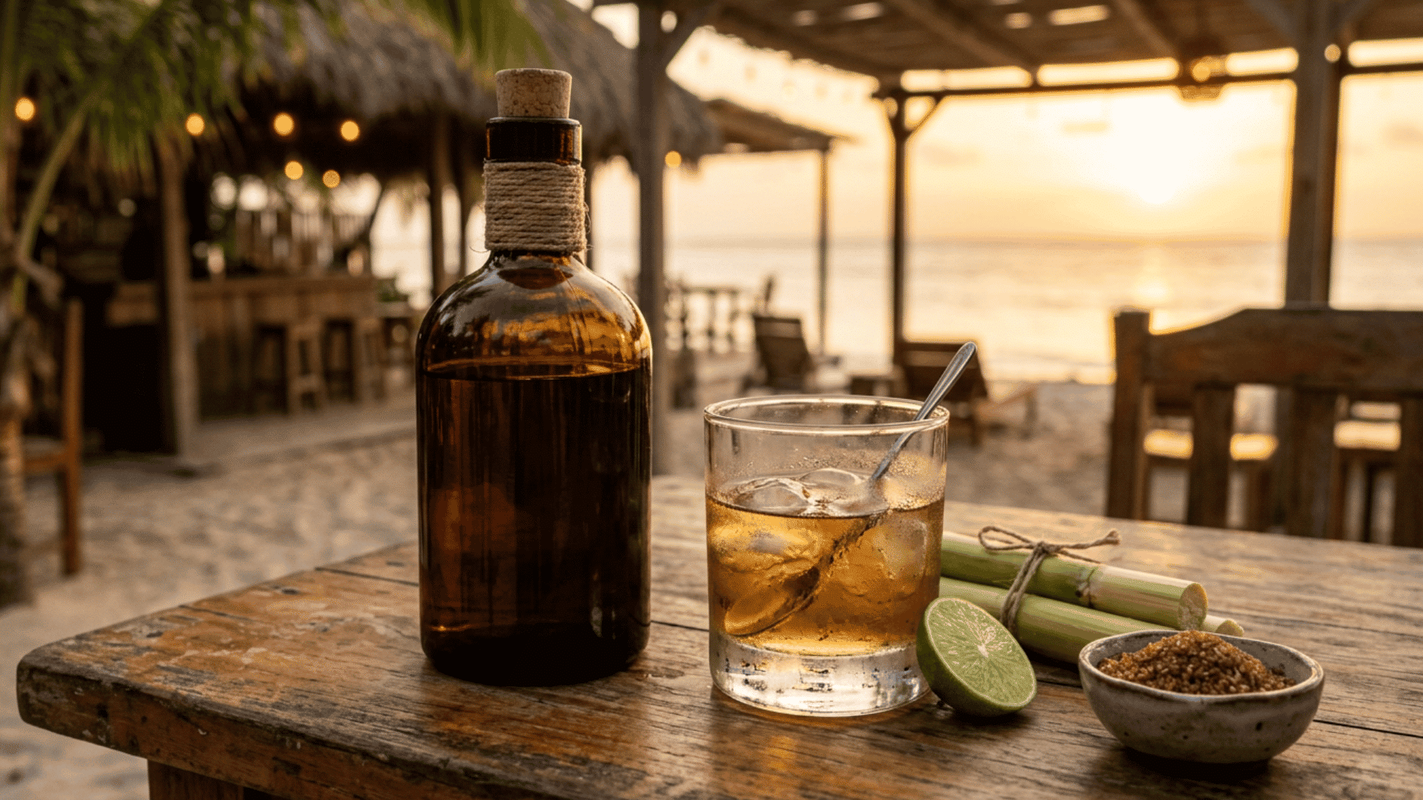 Dark rum bottle and glass with ice on a table with warm tones.