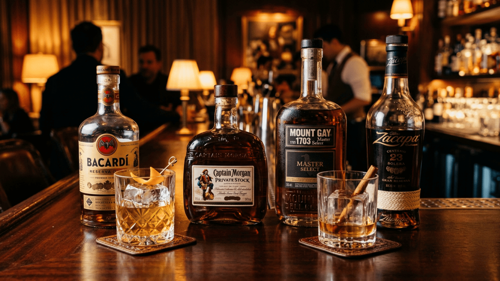 Premium rum bottles with classic rum cocktails on a polished wooden bar in an upscale cocktail lounge.