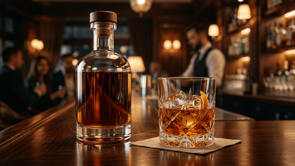 Premium amber rum bottle and crystal tumbler with ice on a polished bar, set against warm bokeh lighting.