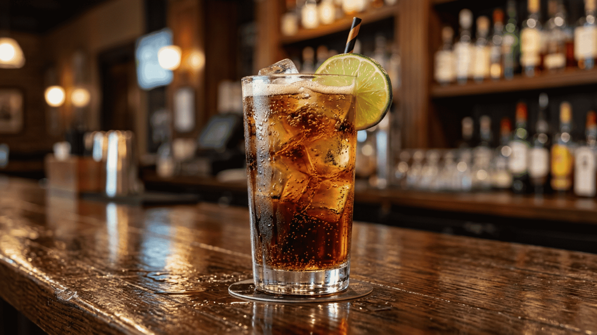 Rum and Coke cocktail with lime garnish on a wooden bar
