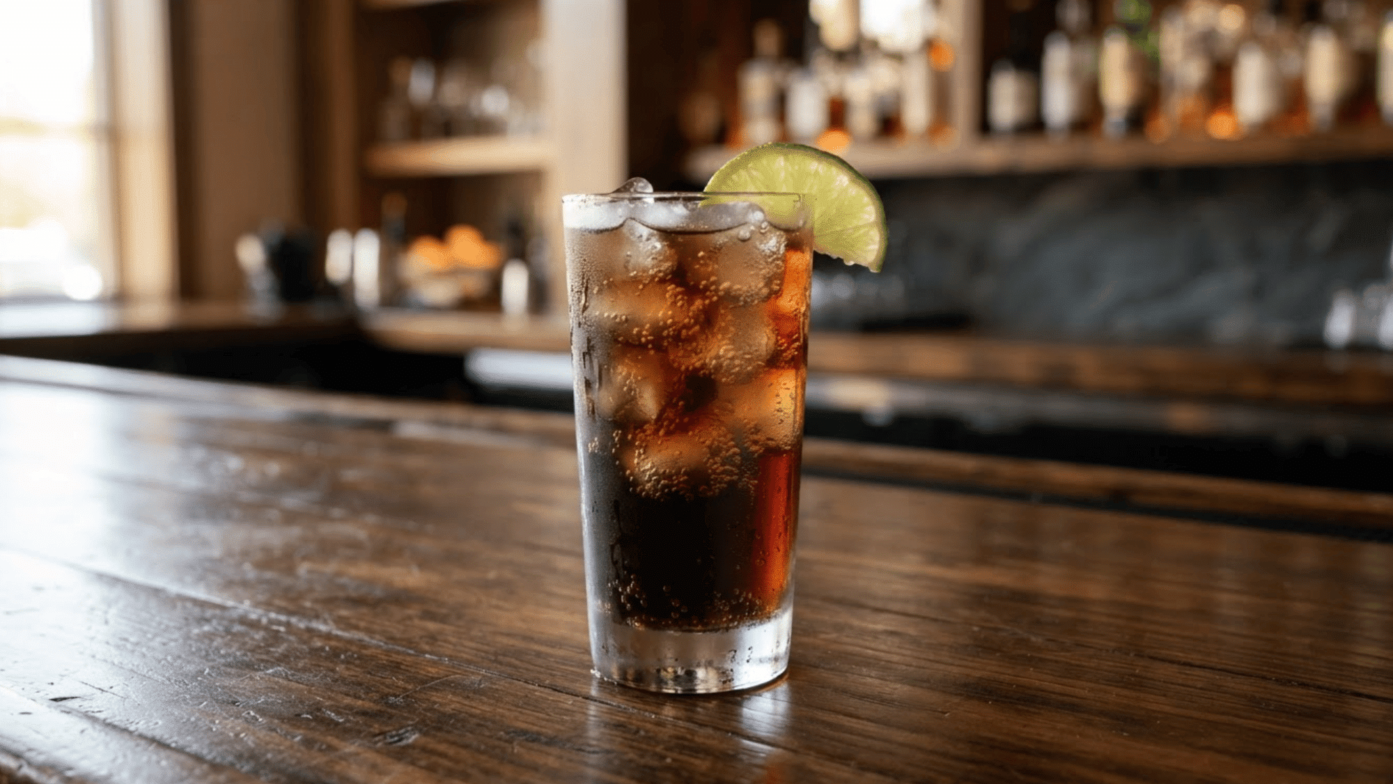 Rum and Coke in a tall glass with ice, cola bubbles, and lime garnish.