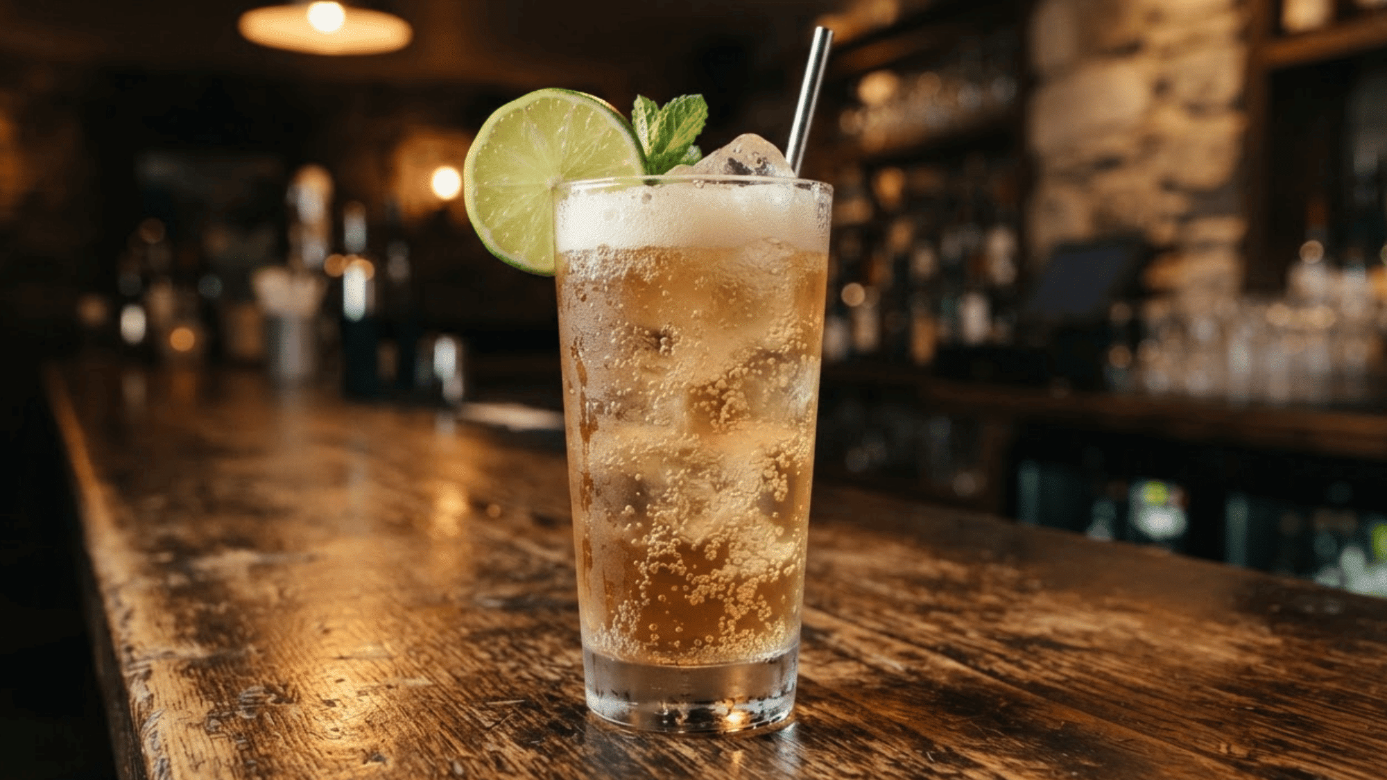 Rum and ginger beer cocktail with fizz, ice, and fresh lime garnish.