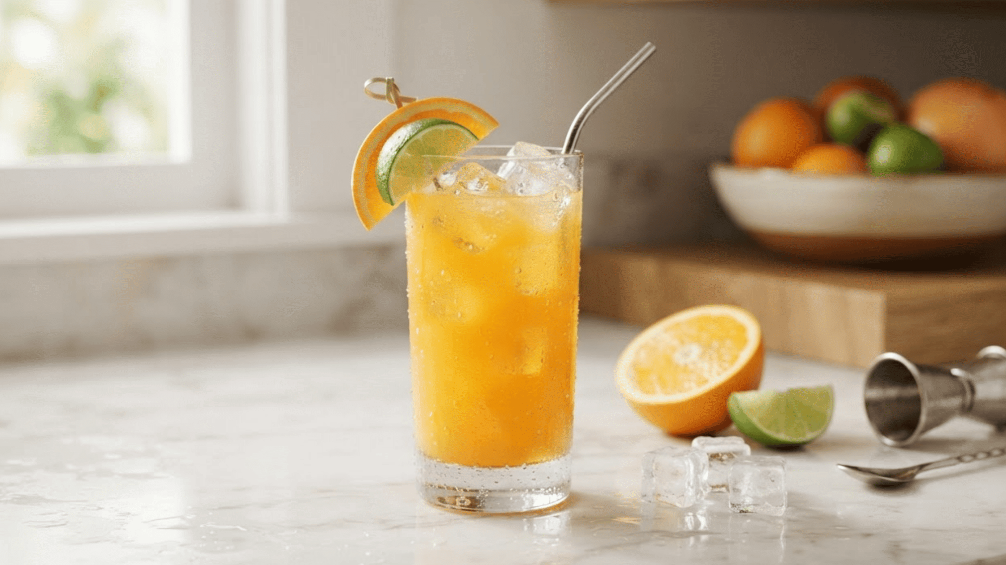 Rum and orange juice drink with ice, orange slice, and lime garnish.