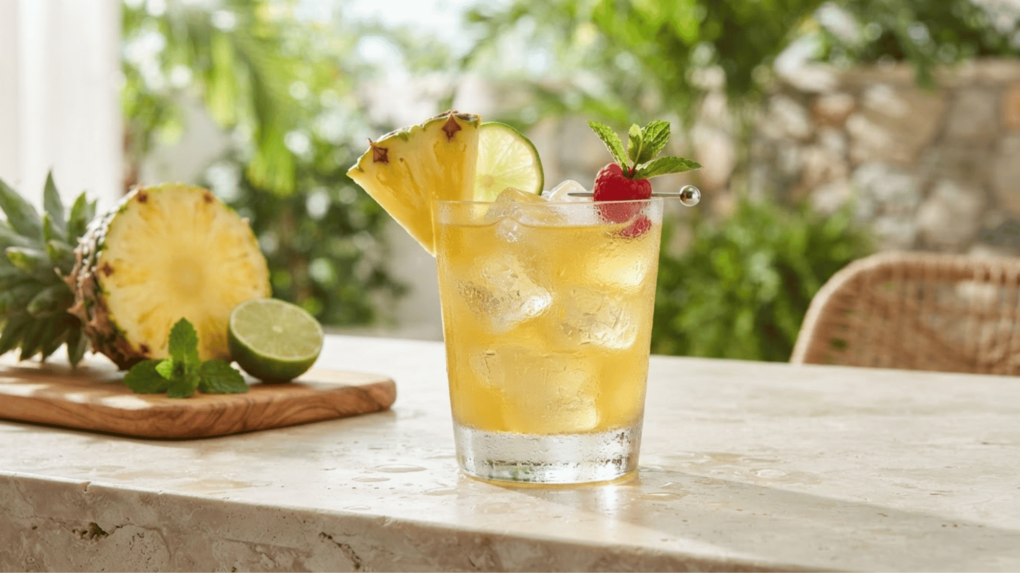 Rum and pineapple juice cocktail with ice, lime, and pineapple garnish.
