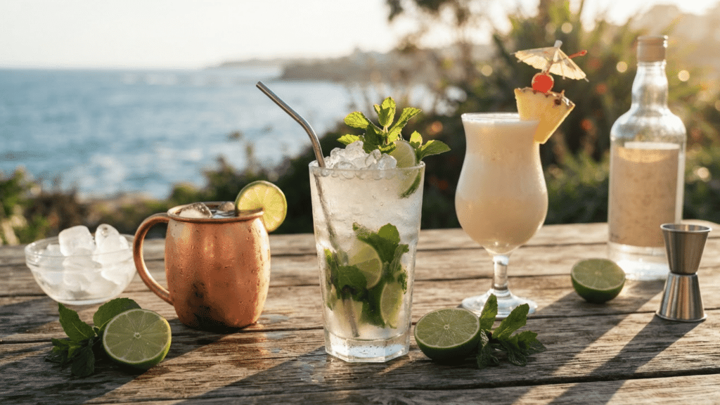 Elegant rum cocktails on a polished bar with tropical garnishes, ice, and colorful drinks.