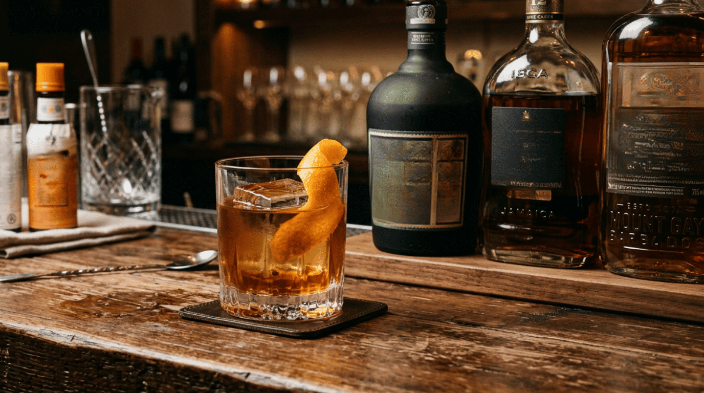 Rum Old Fashioned cocktail with orange peel garnish