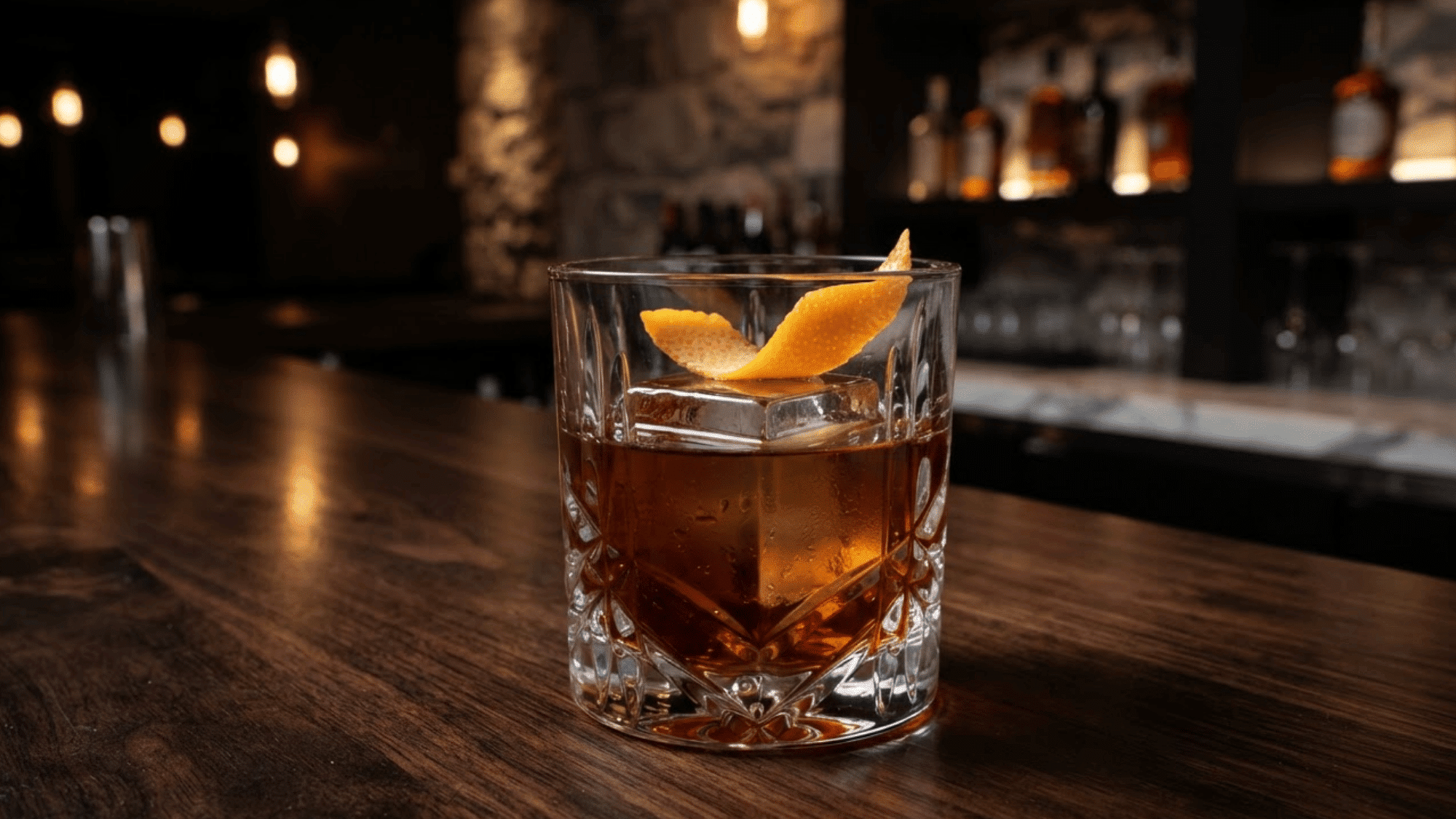 Rum Old Fashioned with dark rum, clear ice cube, and orange peel twist.