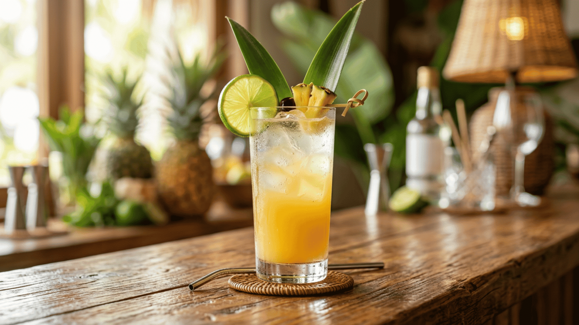 Rum pineapple cocktail with lime and pineapple garnish at a tropical bar