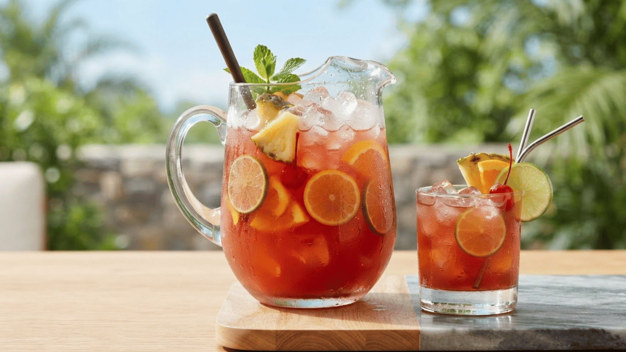 Rum Punch with red-orange fruit juice, ice, citrus slices, and pineapple garnish.