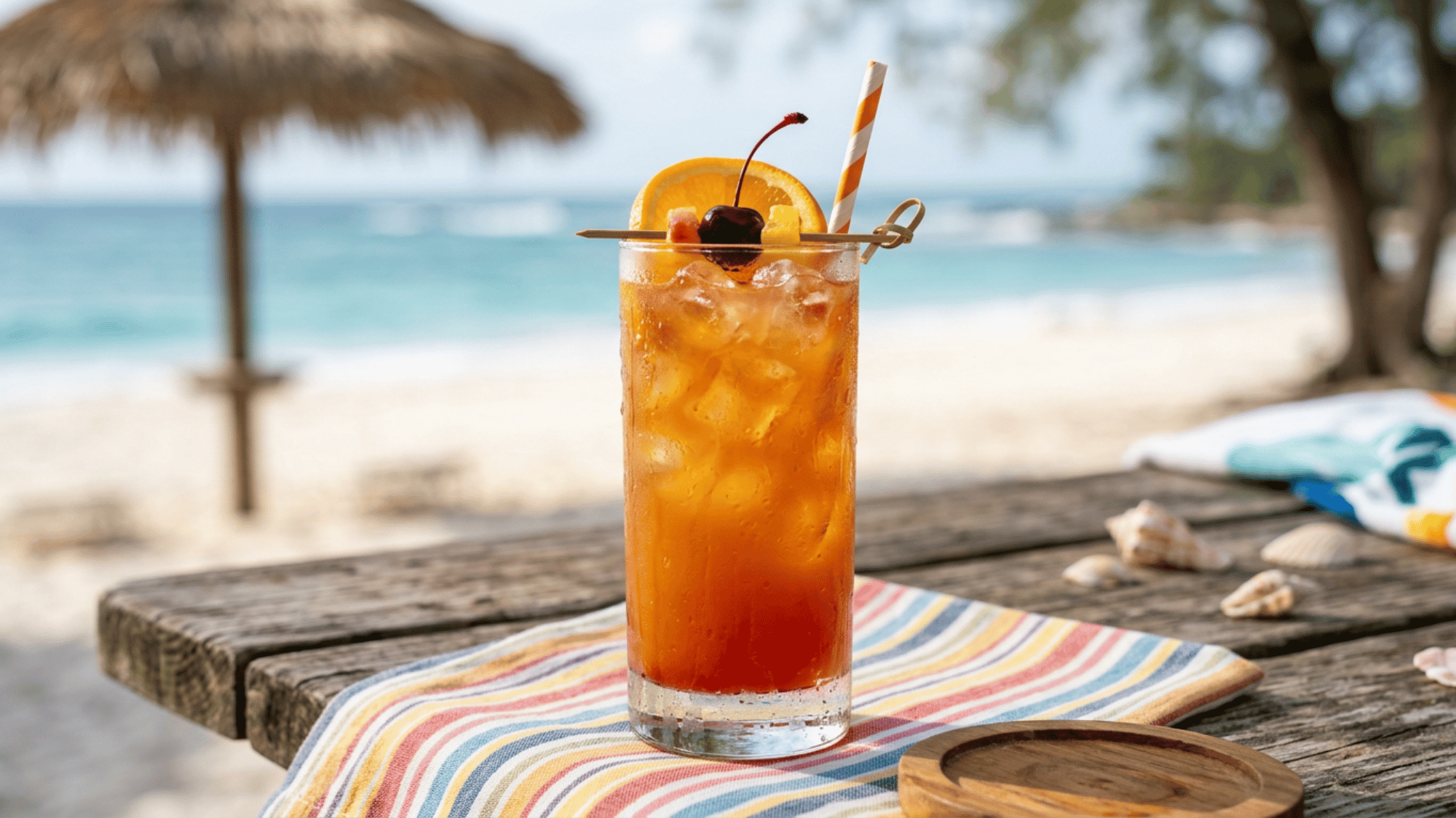 Rum Punch cocktail with orange and cherry garnish on a rustic beachside table overlooking the ocean.