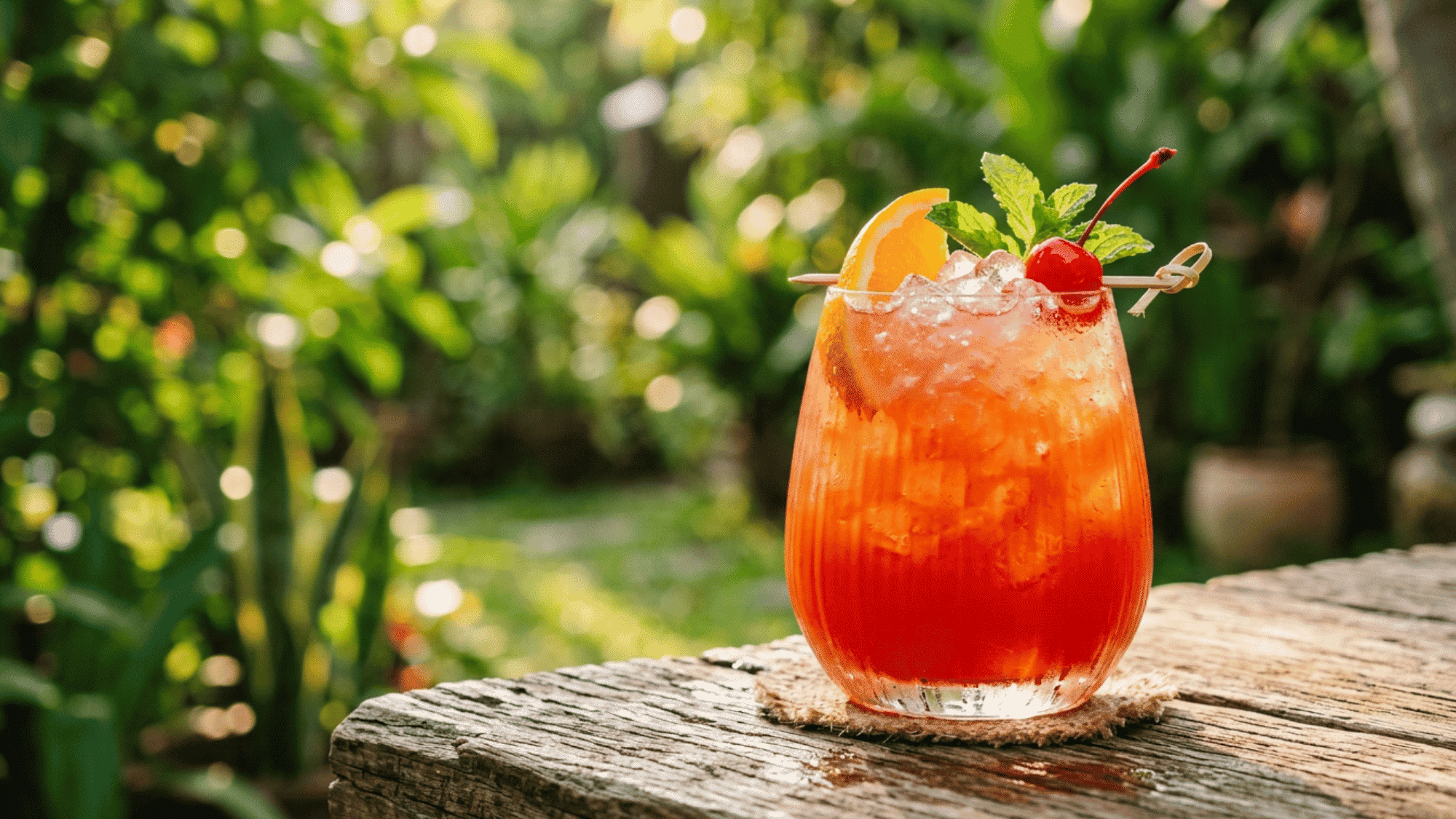 Rum Punch with orange slice, cherry, and crushed ice in a curved glass