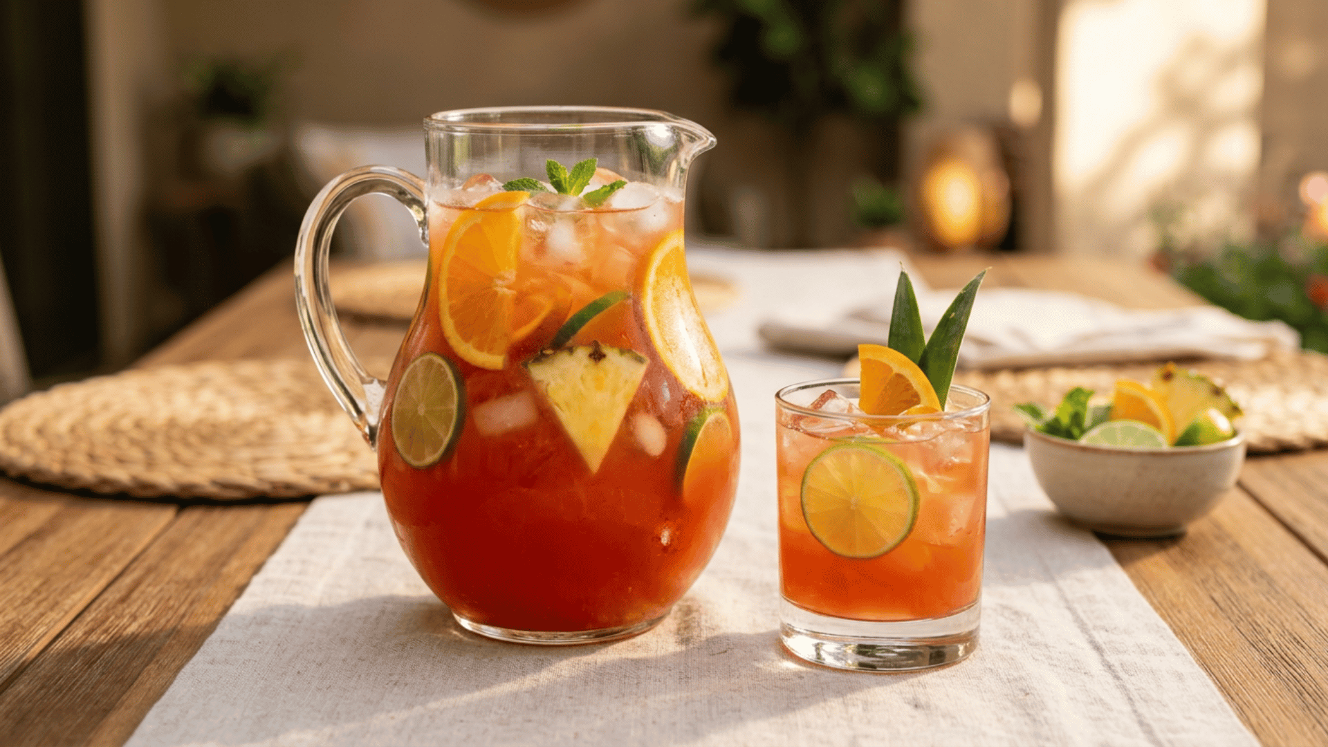 Rum punch in a pitcher and glass with citrus and pineapple fruit garnish.