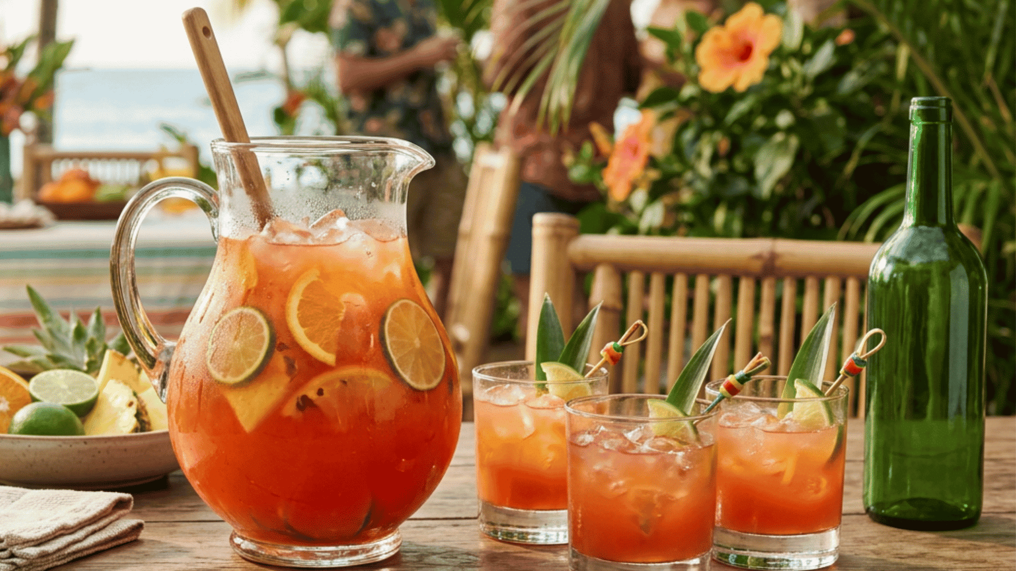 Rum punch pitcher with citrus, pineapple, ice, and serving glasses on a tropical table.