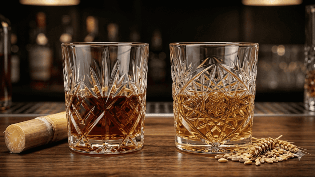 Two glasses of rum and whiskey side by side on a dark wooden bar counter with soft lighting.