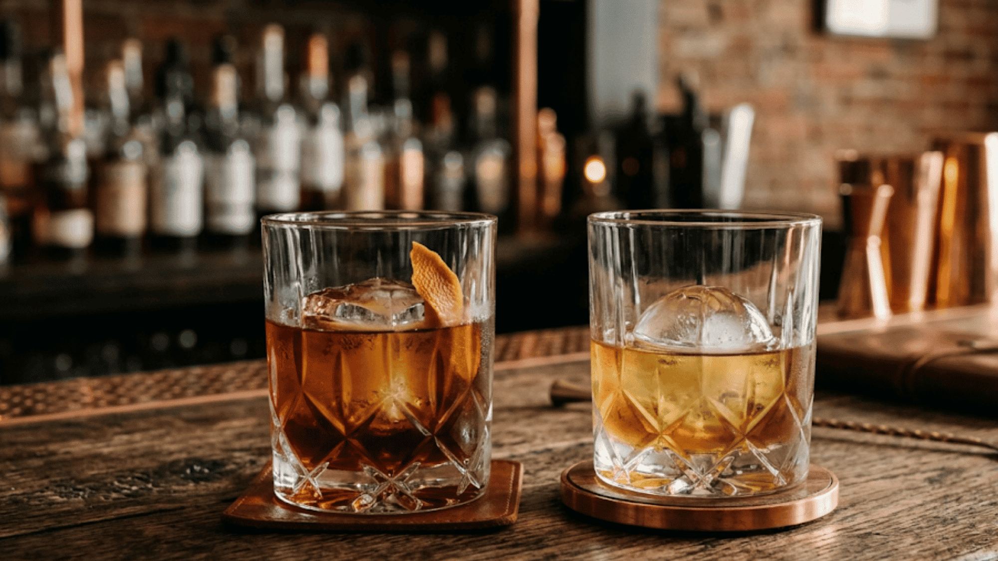 Two glasses of rum and whiskey side by side on a dark wooden bar counter with soft lighting.