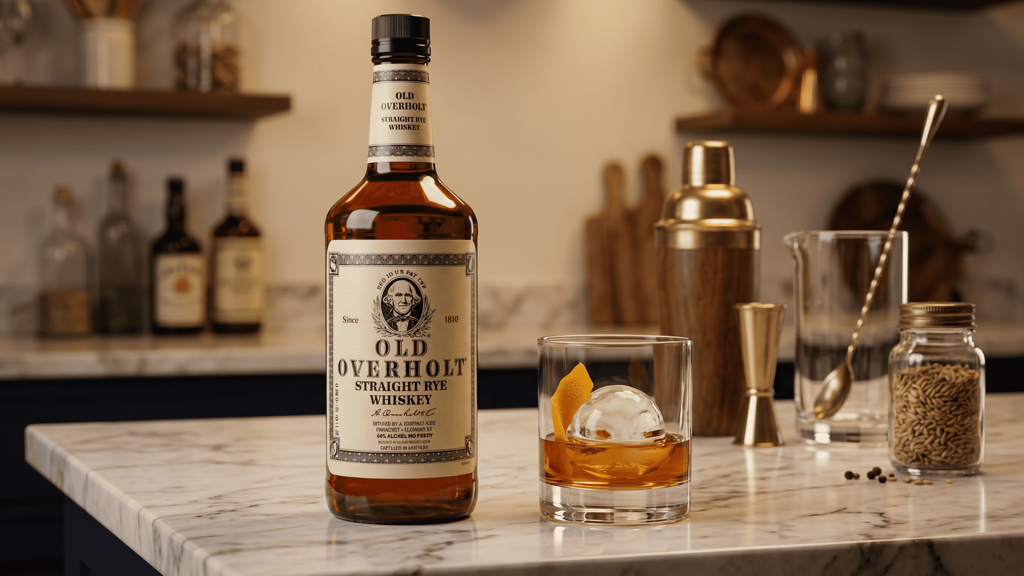 A rye whiskey bottle and glass on a kitchen counter with bar tools