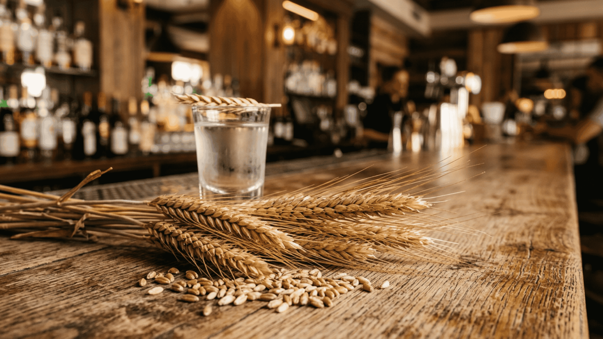 Rye stalks and grains with a vodka glass on a warm rustic bar counter
