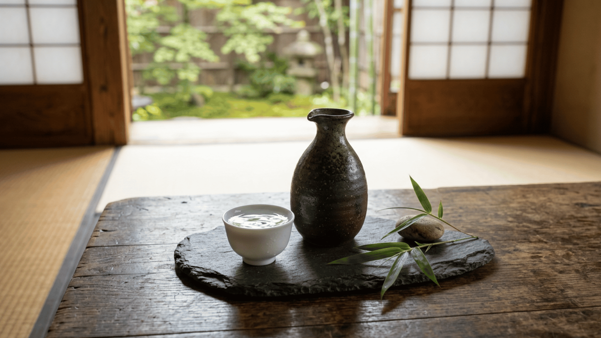 Sake bottle with small cup on wooden tray in traditional Japanese-style setting