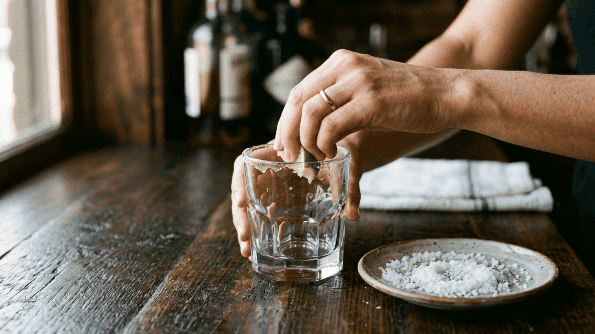 Margarita being strained into a glass with fresh ice and garnish