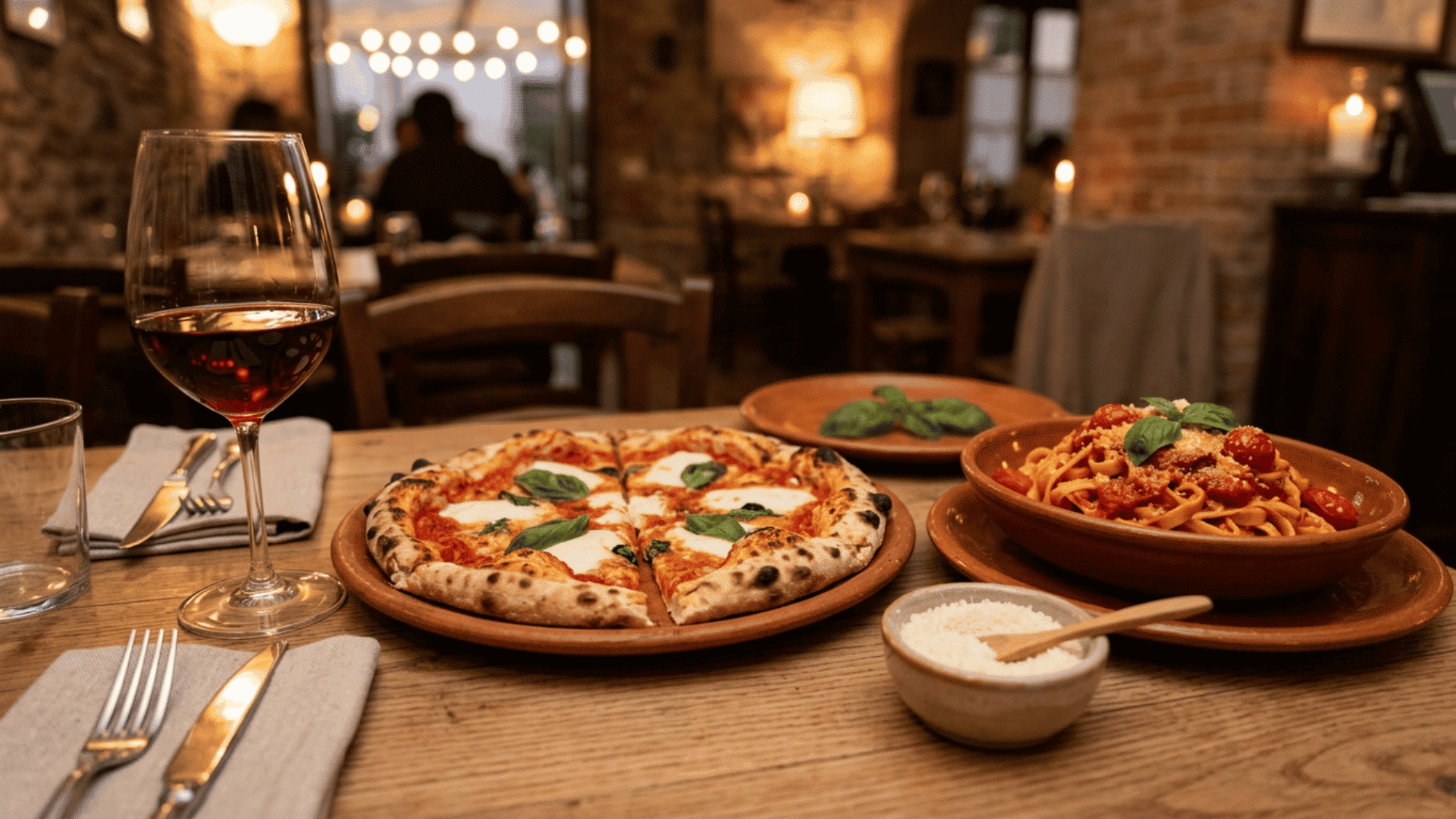 Sangiovese with pizza and tomato pasta in a warm Italian setting
