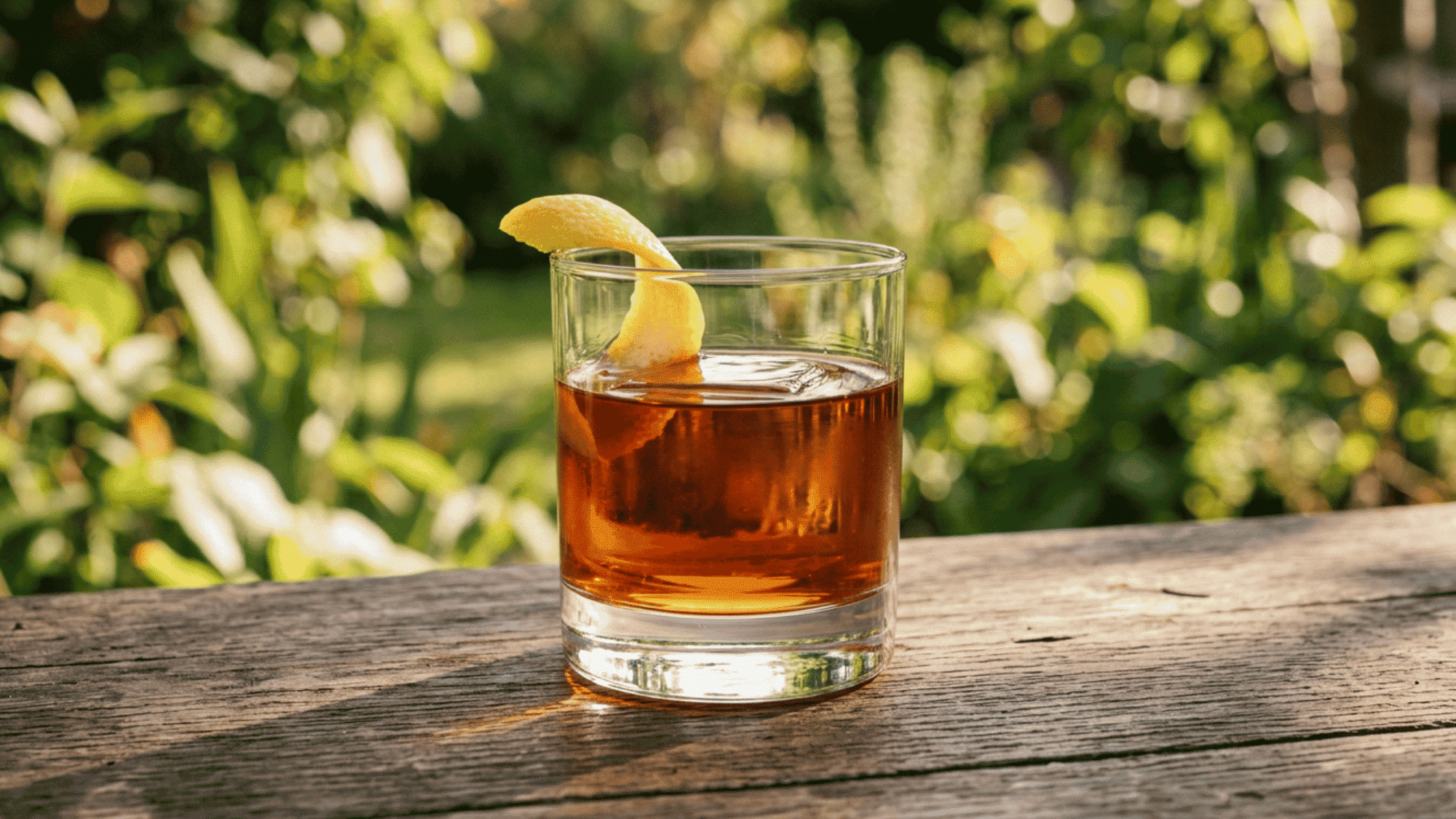 Sazerac with lemon peel in a rocks glass on a wooden table