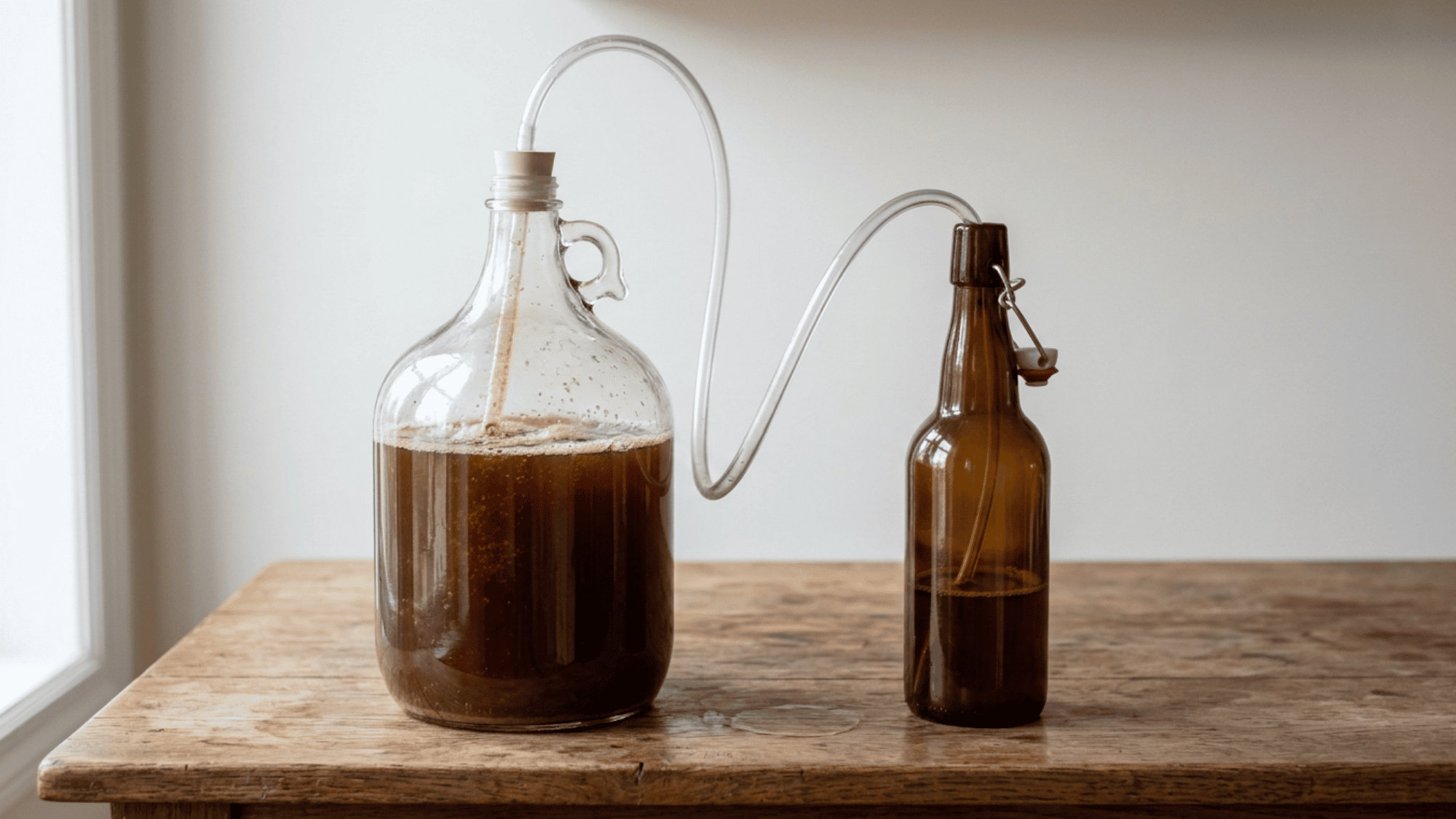 Beer fermentation setup with carboy, siphon tube, and amber bottle on wooden table.