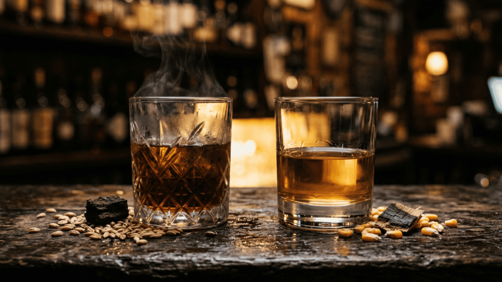 Two whiskey glasses with barley, corn, and peat, illustrating flavor and ingredient differences.