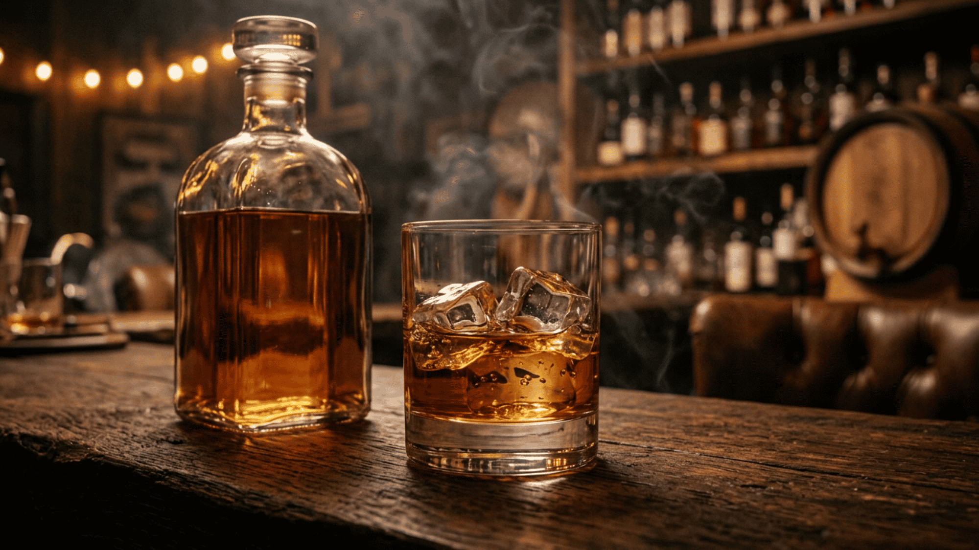 Scotch whisky bottle and glass with ice in cozy dimly lit bar library setting
