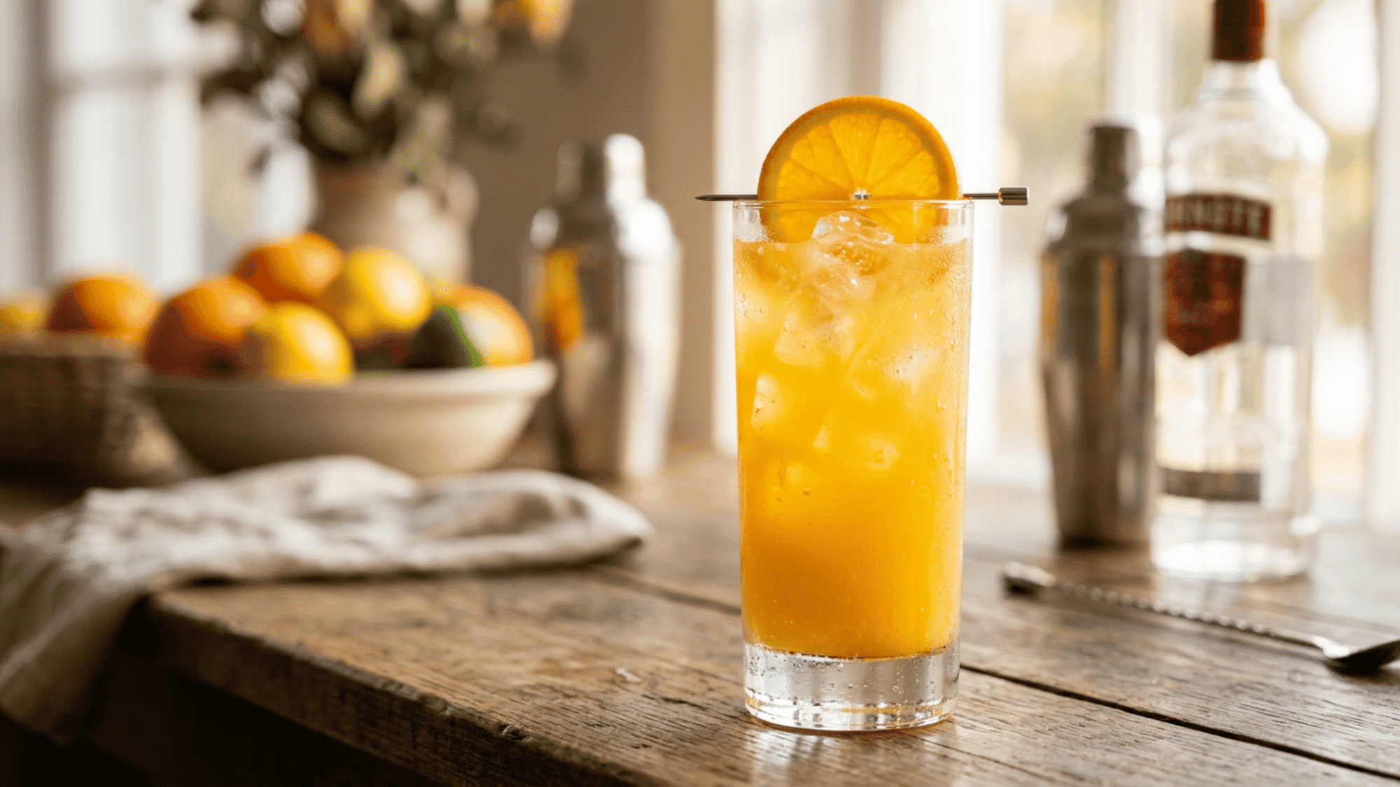Screwdriver cocktail with orange slice in a bright home bar setting