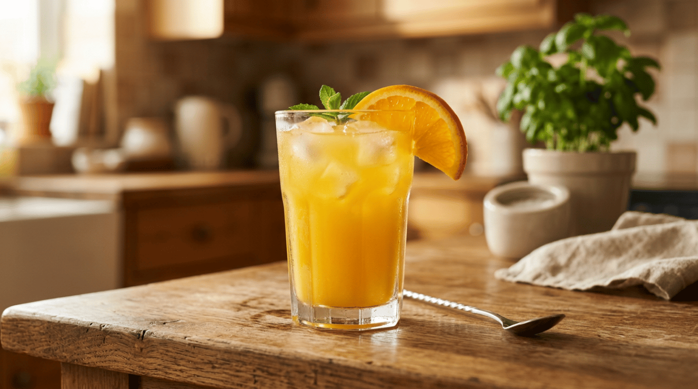 Screwdriver cocktail in a glass with orange juice, ice, and an orange slice garnish