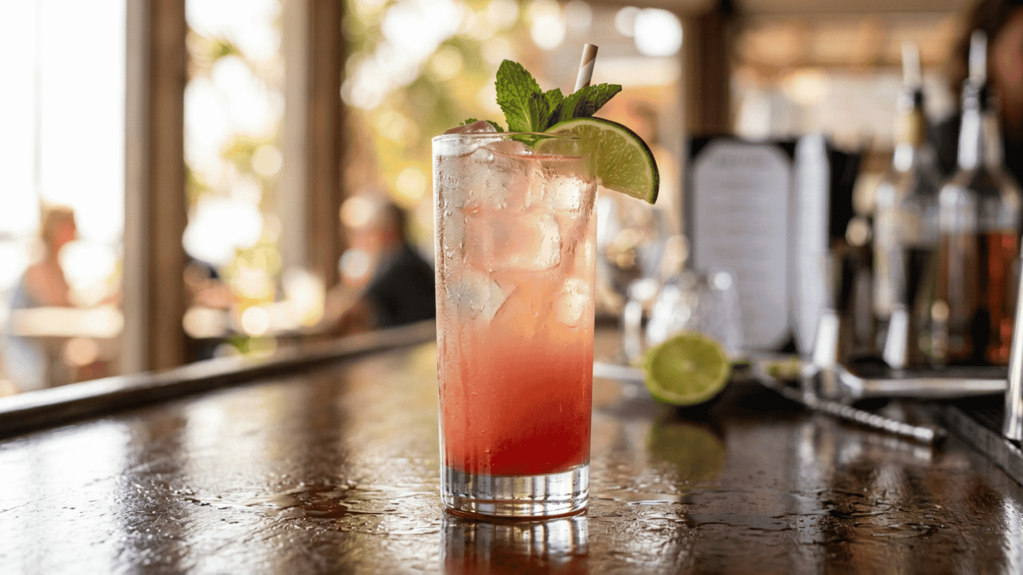 Sea breeze cocktail with mint and lime in a relaxed bar setting
