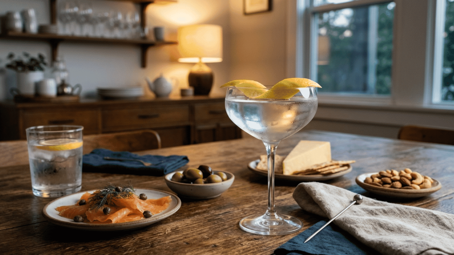 vesper martini served with salmon, olives, cheese, nuts, and water