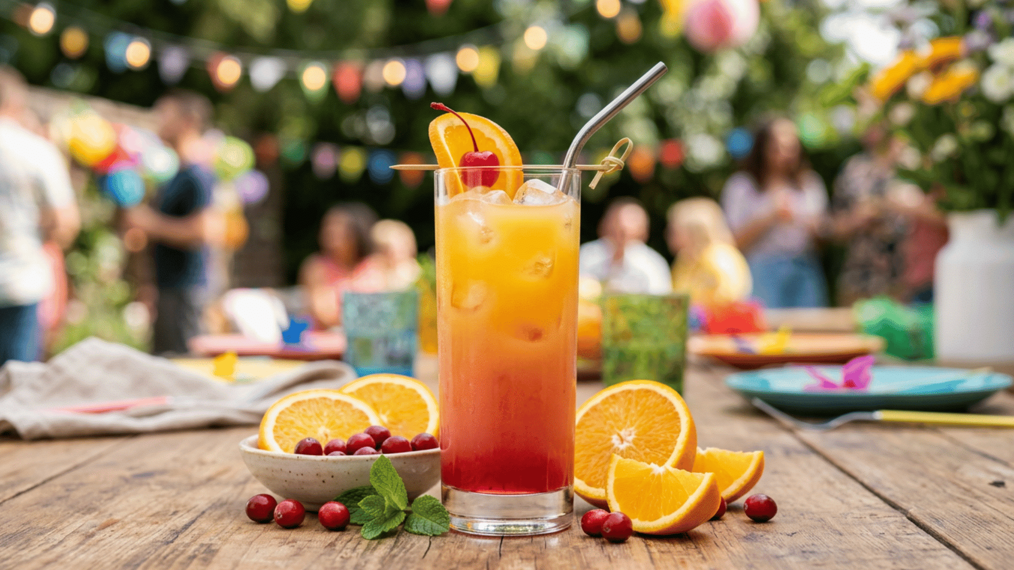 Sex on the Beach cocktail with orange, cranberry layers, cherry, and party backdrop