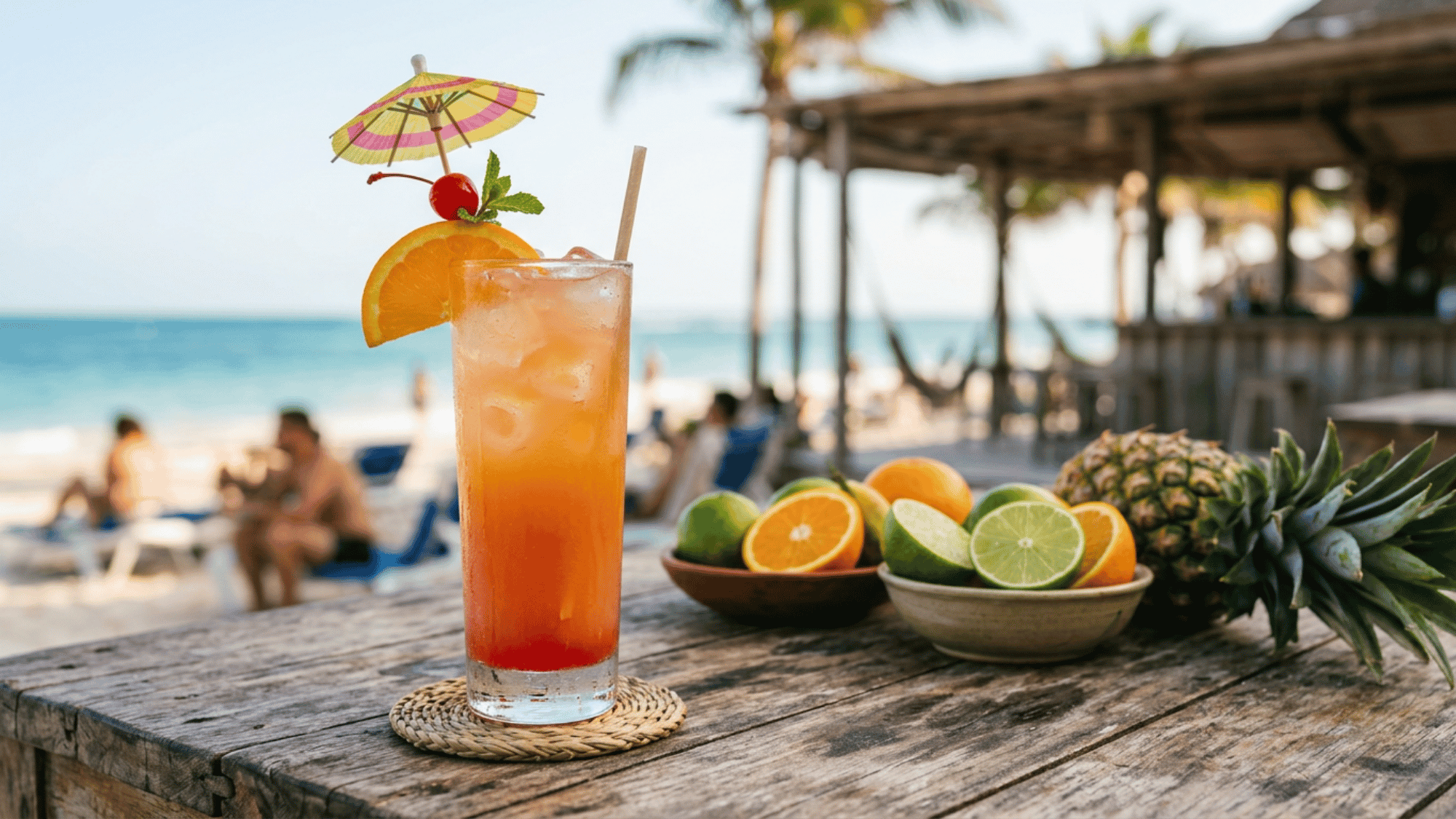 Sex on the Beach cocktail with orange, cherry, and umbrella garnish on a rustic beachside table.