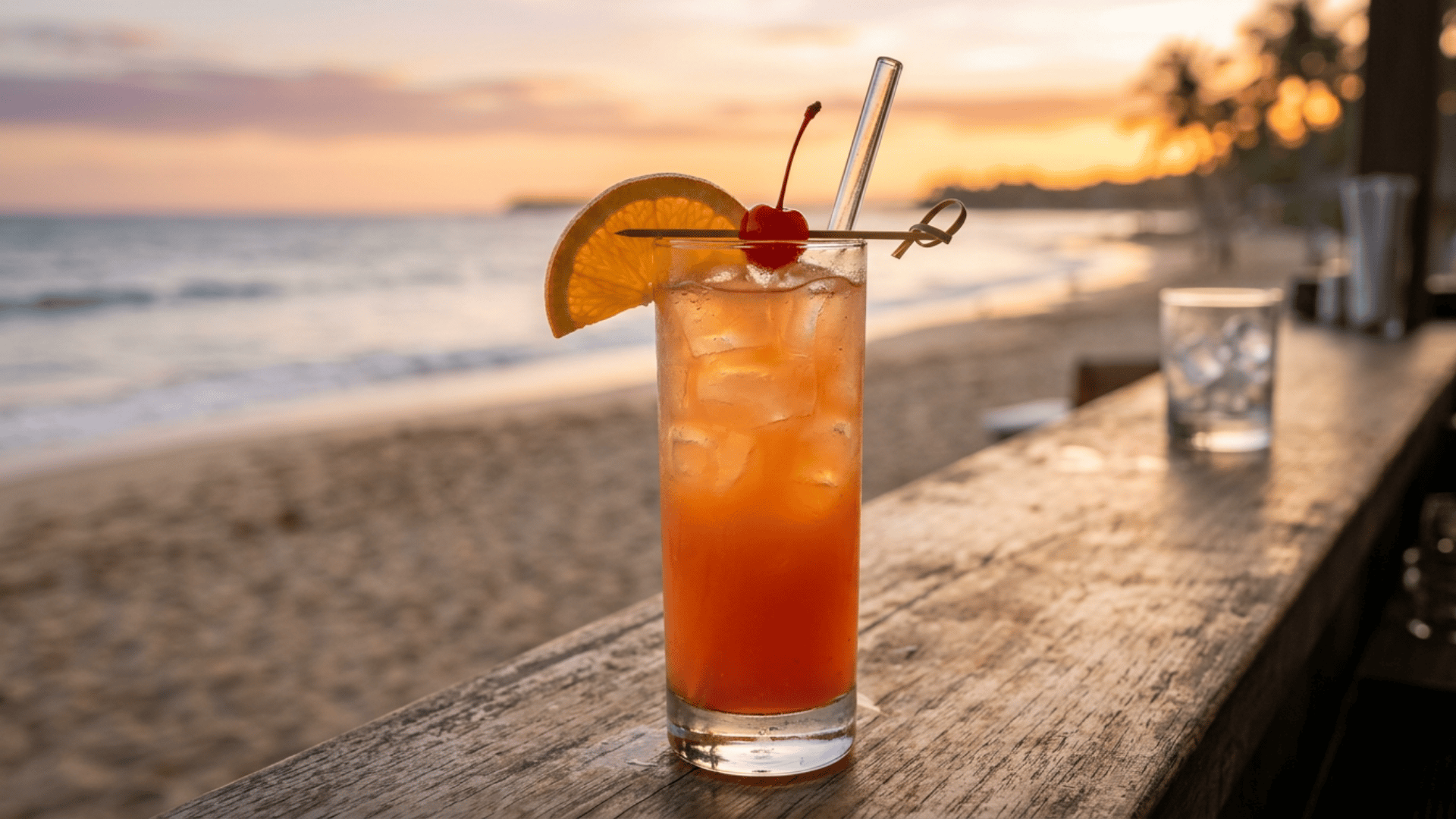 Orange-pink Sex on the Beach cocktail in a tall glass with orange and cherry garnish.
