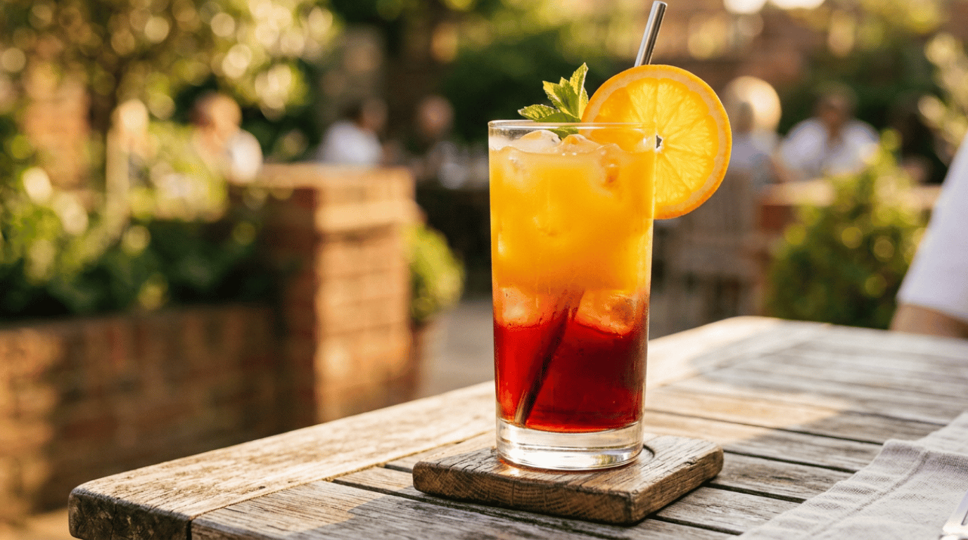 Sex on the Beach cocktail in a highball glass with orange and cranberry layers and an orange slice