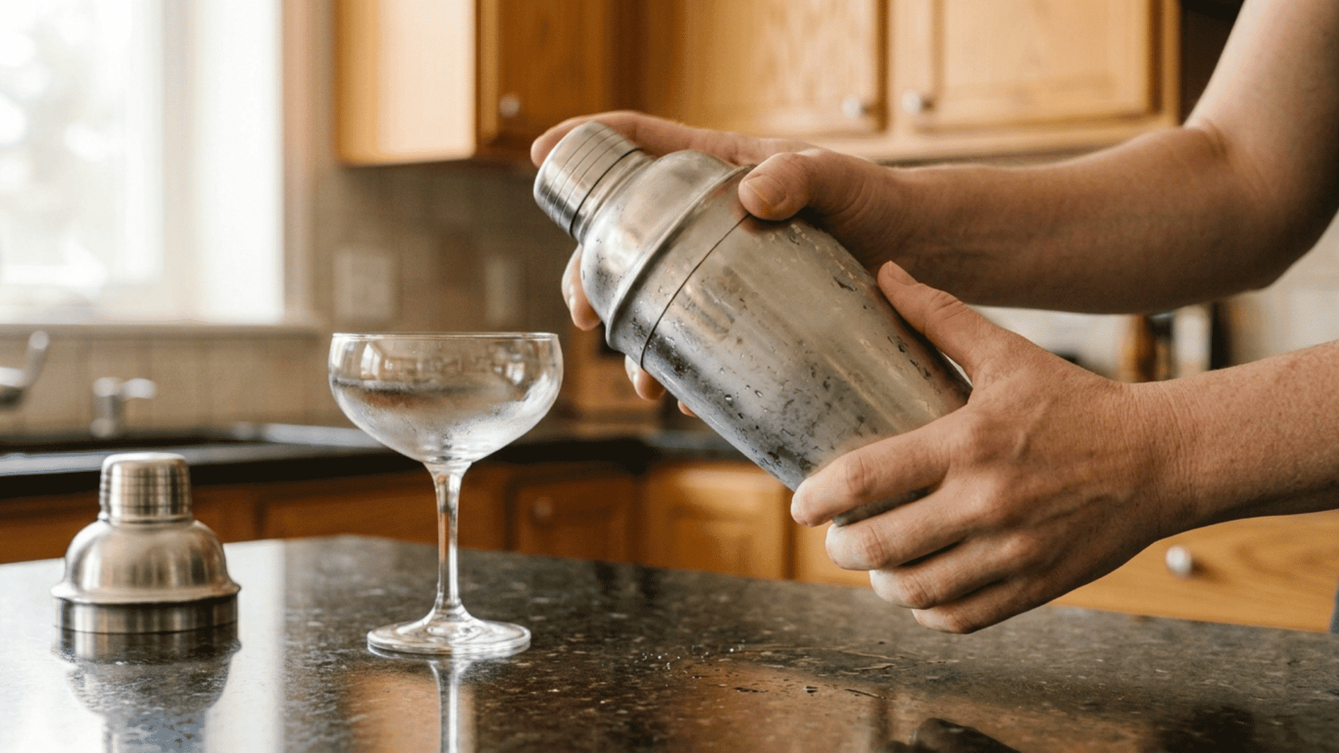 hands shaking a chilled cocktail shaker beside an empty coupe glass