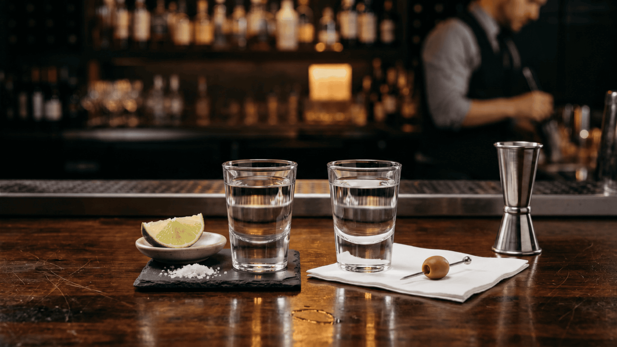 Bar counter with two shot glasses, lime and salt in foreground