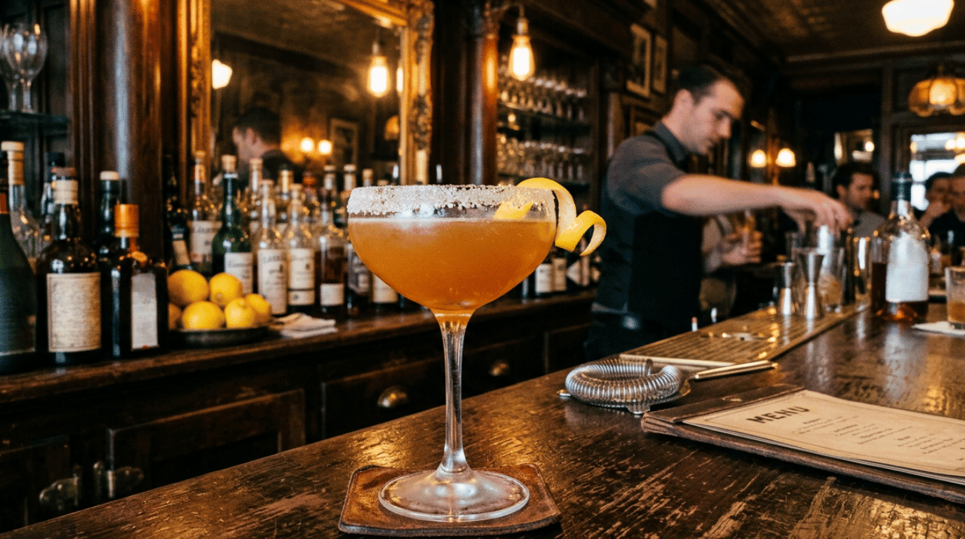 Sidecar cocktail served in a sugar-rimmed coupe glass