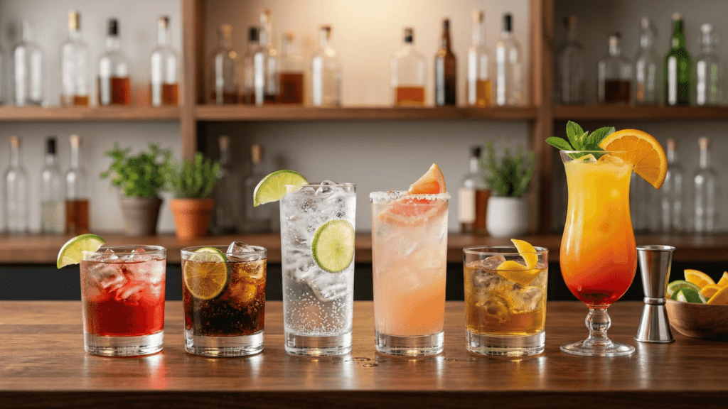 Six simple mixed drinks with lime and citrus garnishes on a wooden home bar