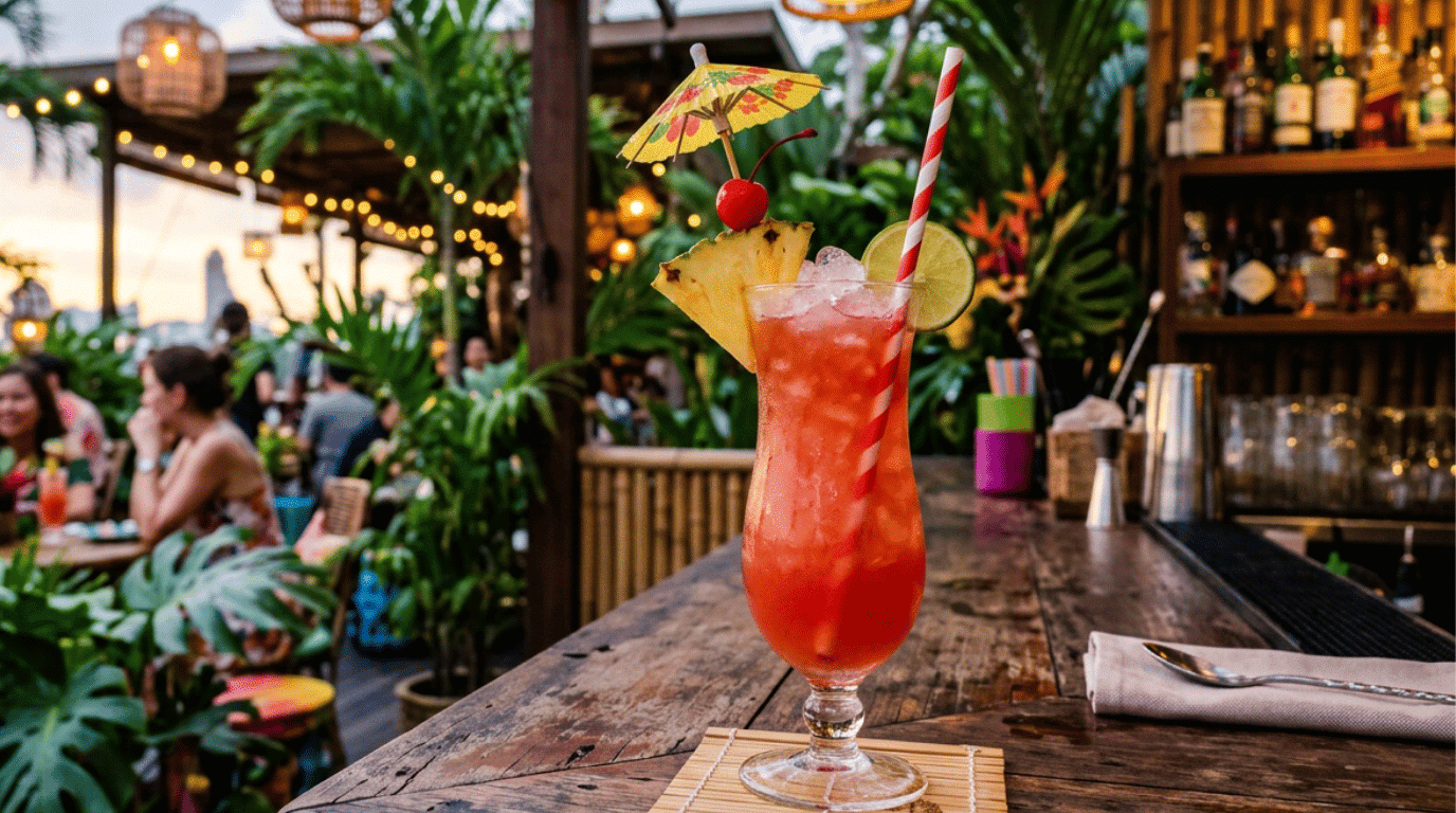 Singapore Sling cocktail with tropical garnishes