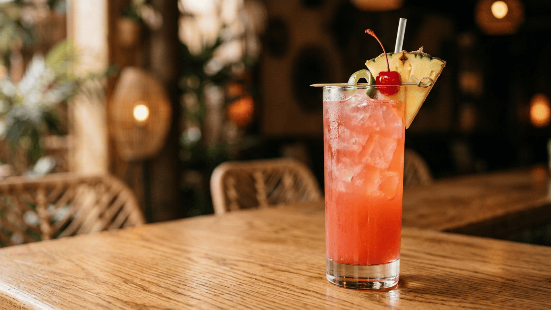 Singapore Sling cocktail in a tall glass with ice and tropical fruit garnish.