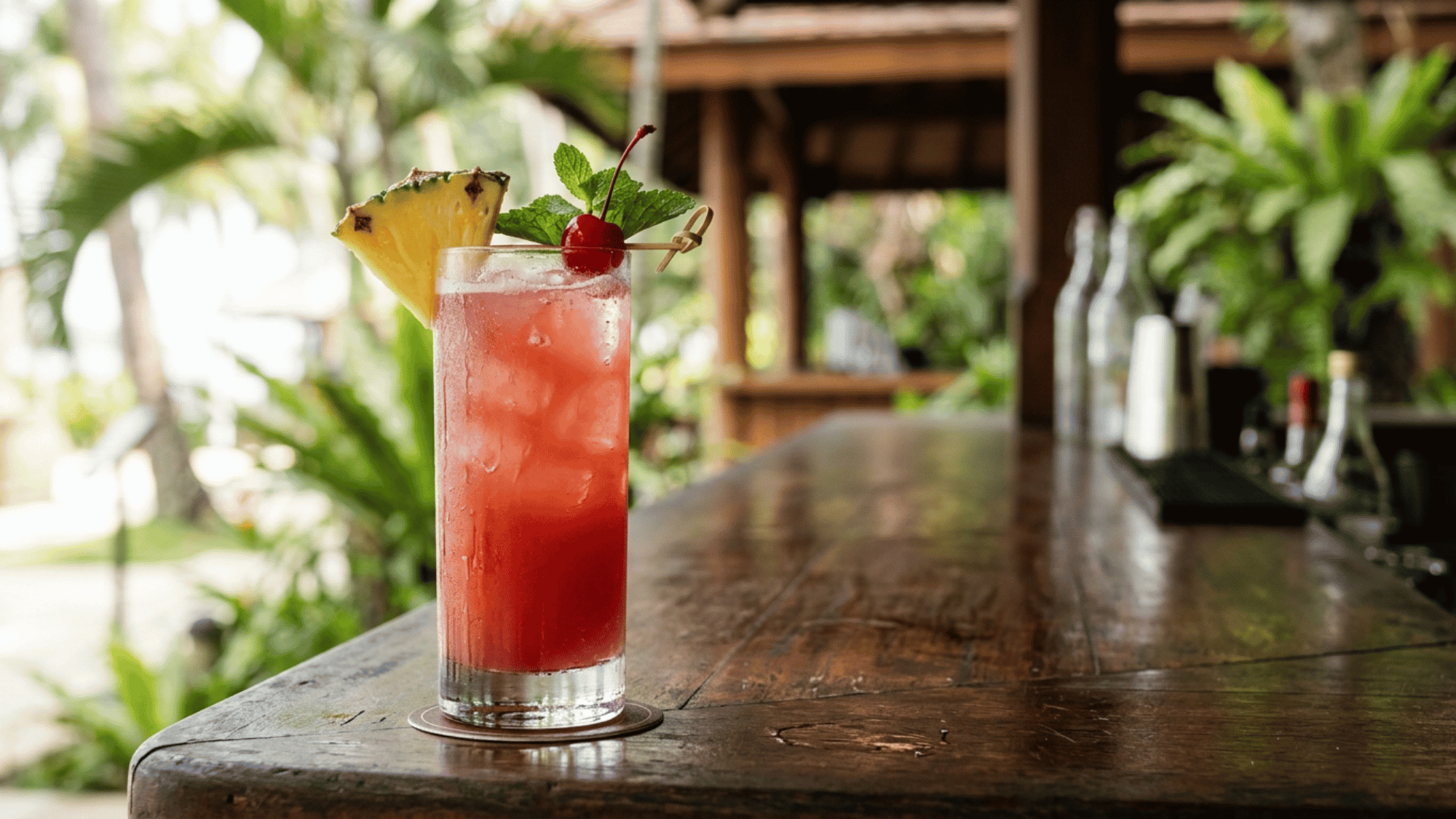 Singapore Sling with pineapple, cherry, and mint garnish served on a rustic tropical wooden bar.