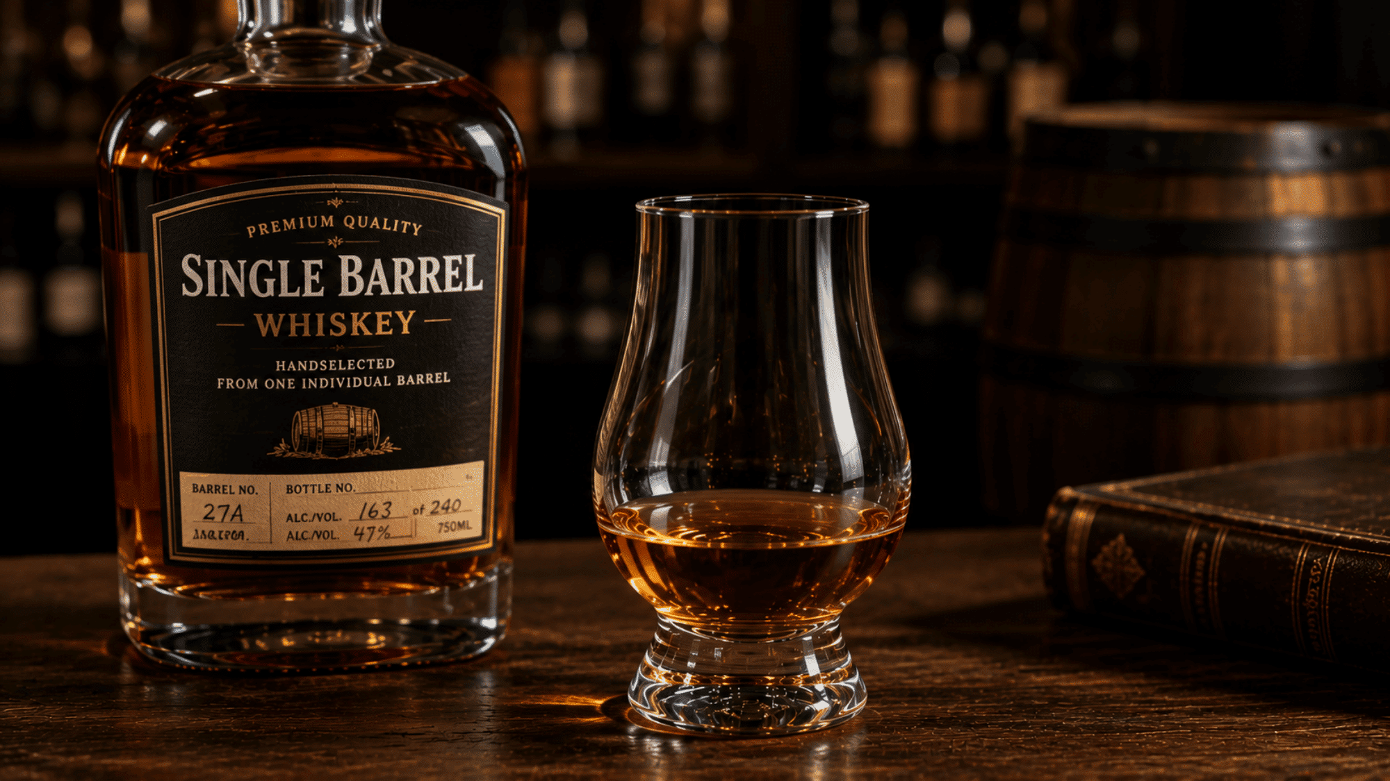 Single barrel whiskey bottle beside a filled tasting glass on a bar counter