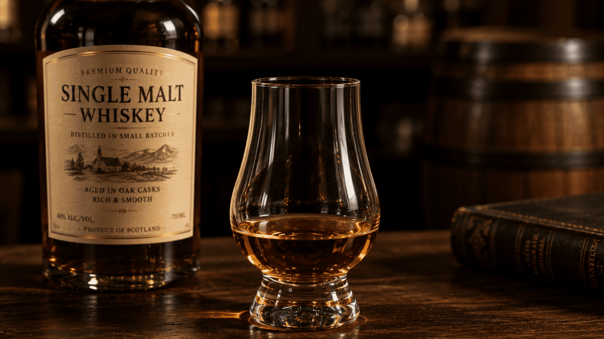 Single malt Scotch whiskey bottle beside a filled tasting glass on a bar