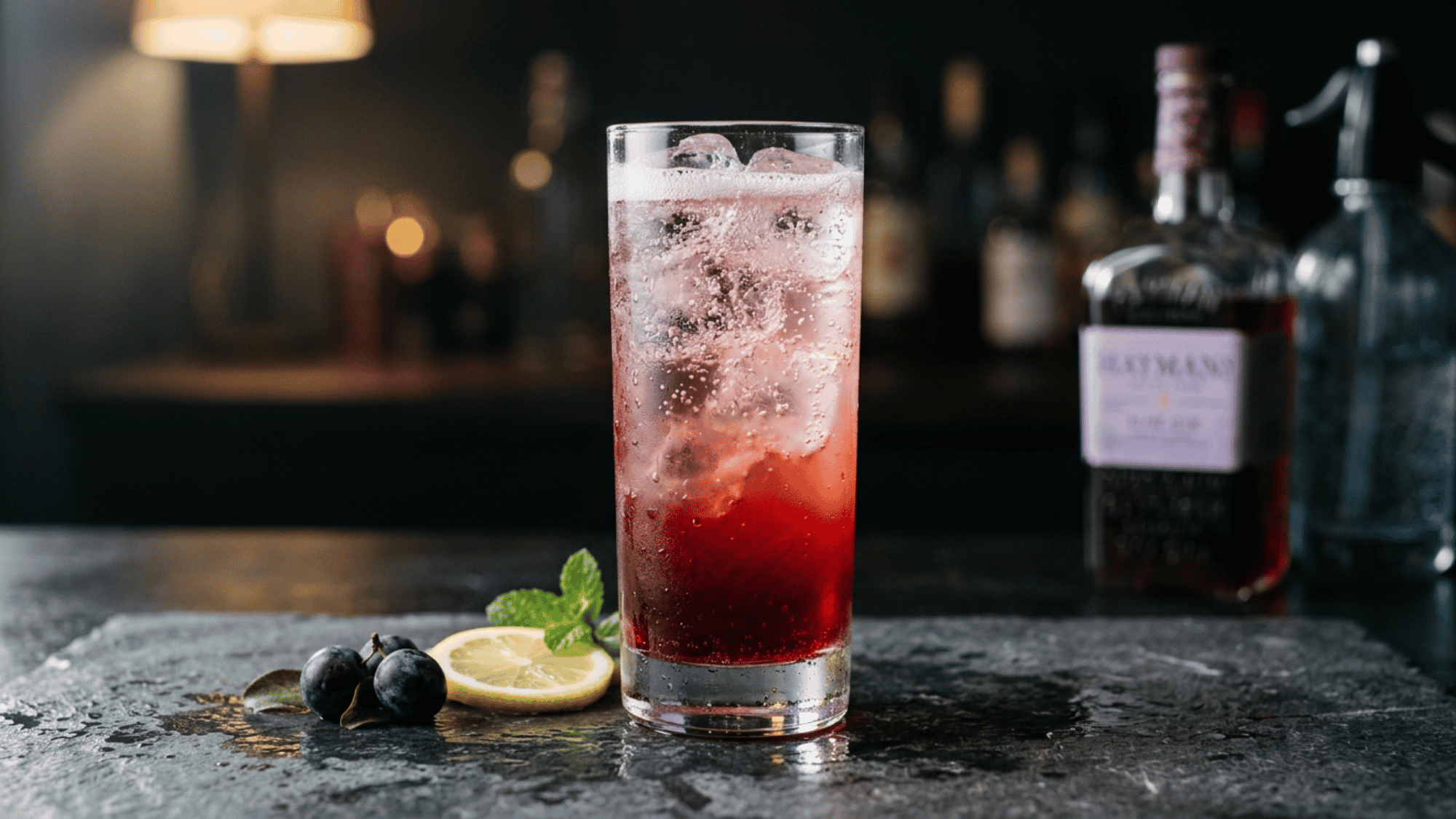 Sloe gin fizz with ice, berries, lemon, and mint on a dark bar counter