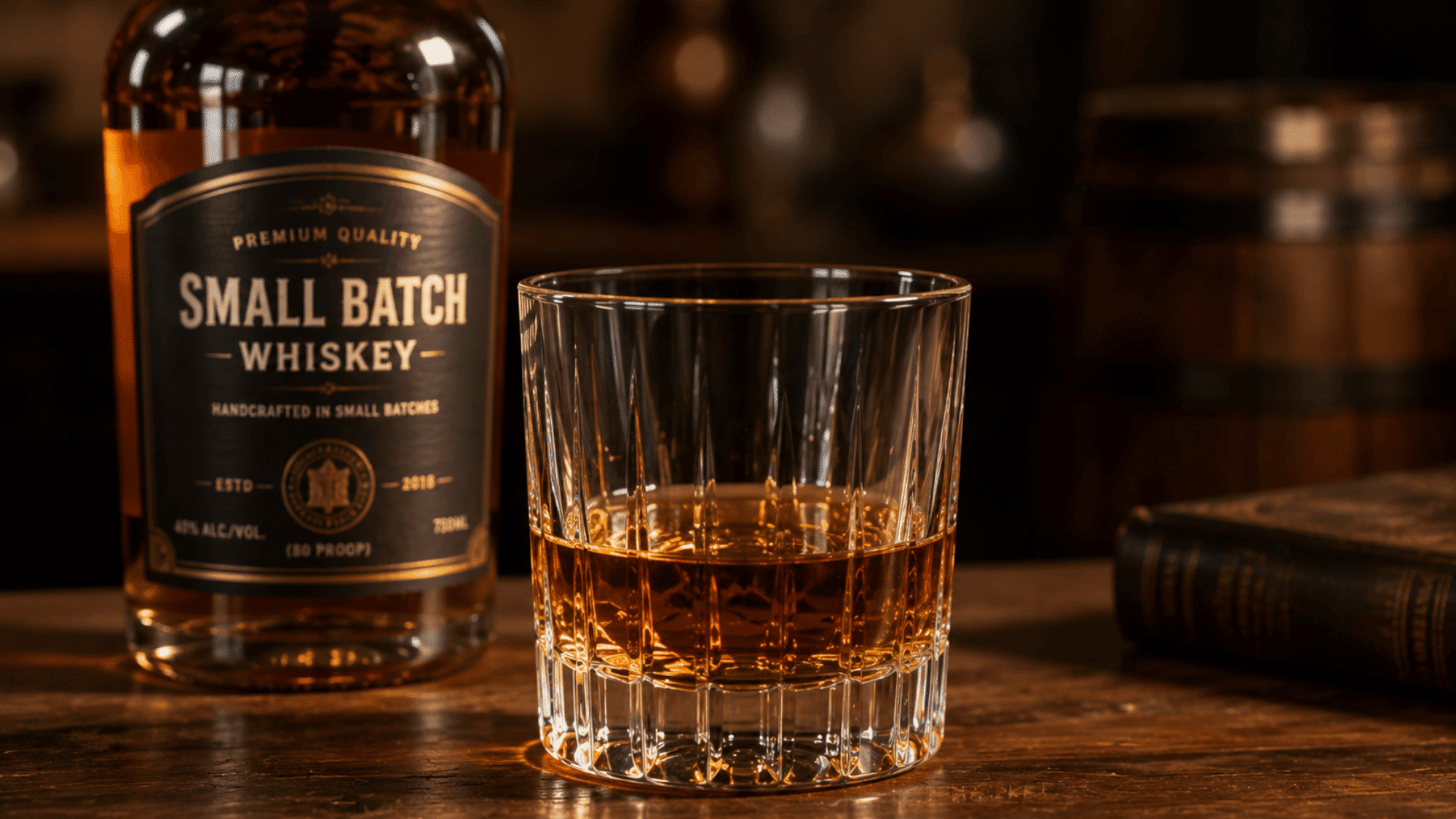 Small batch whiskey bottle beside a filled rocks glass on a wood bar